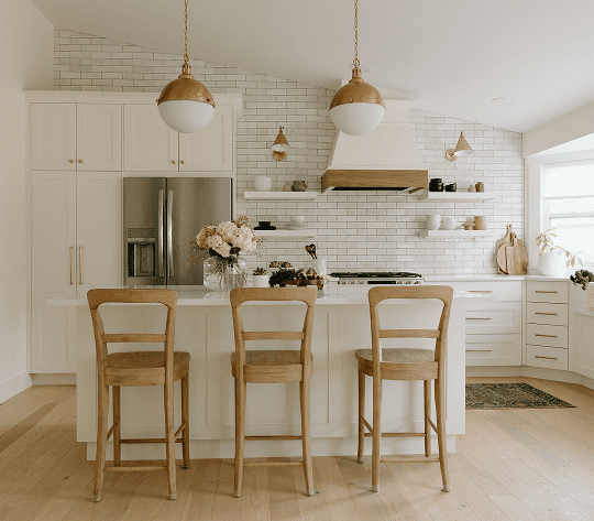 Modern kitchen with wooden bar stools