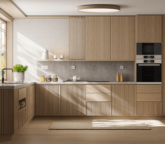 Minimalist kitchen design with wooden cabinets