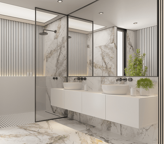 Modern bathroom with marble walls