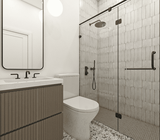 Contemporary bathroom featuring glass-enclosed shower