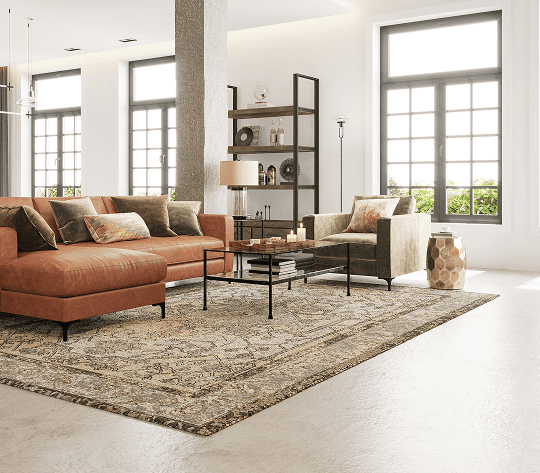 Modern living room with large windows