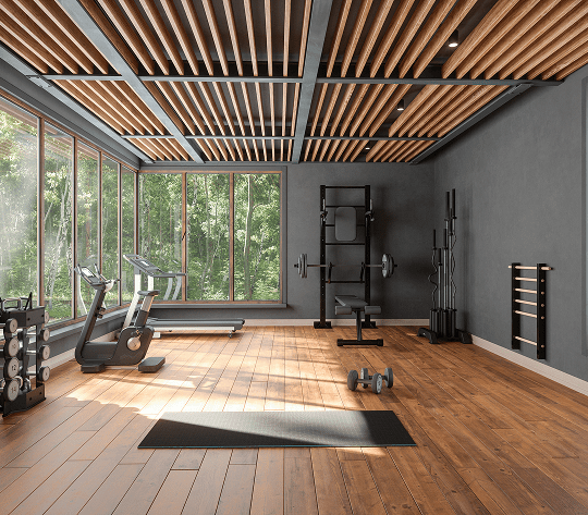 Spacious workout room with exercise equipment