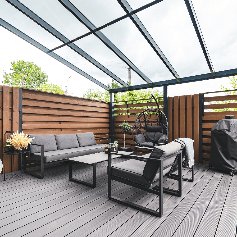 Cozy outdoor seating area with pergola