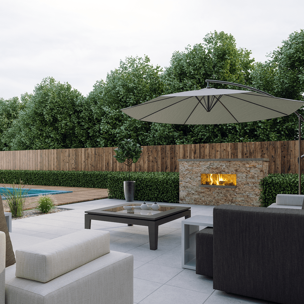 Backyard with cozy seating and fire feature