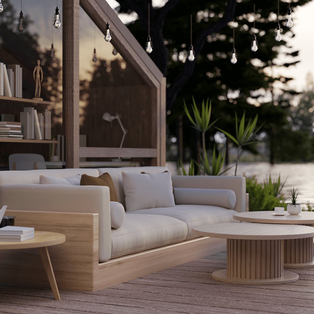 Modern outdoor seating with sunset view