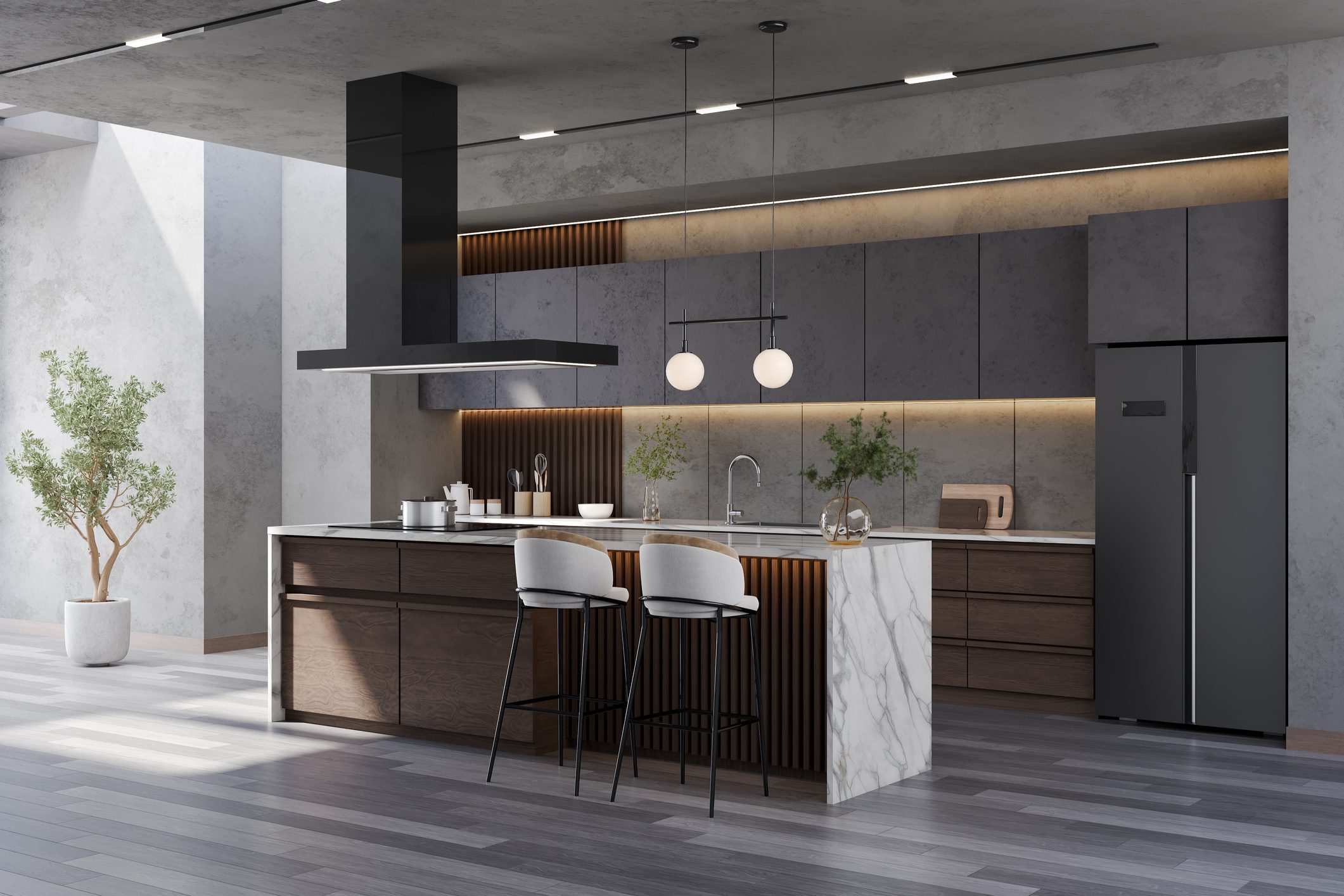 Modern loft  kitchen room interior with marble dinning island table and contemporary chair with  black lamp and wood floor.3d render
